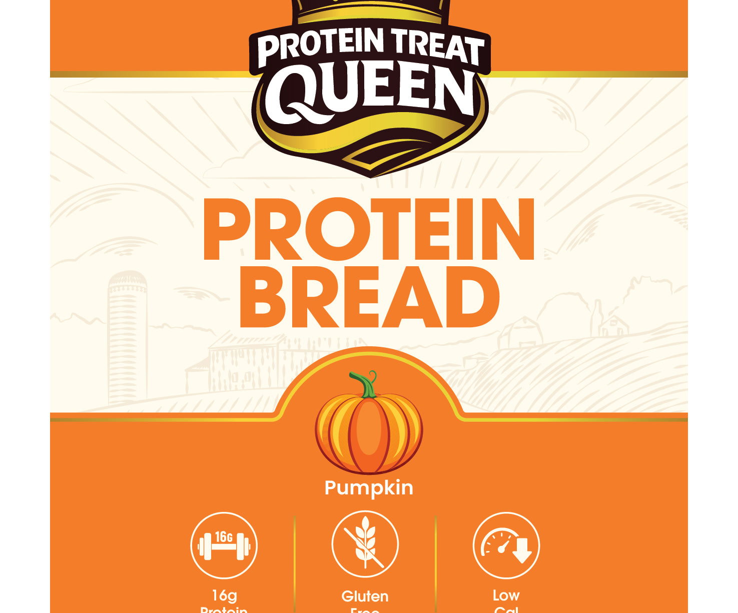 Front of a Protein Treat Queen Protein Bread package in pumpkin flavor, with orange and cream packaging, large 'PROTEIN BREAD' text, and icons for 16g protein, gluten free, and low cal.