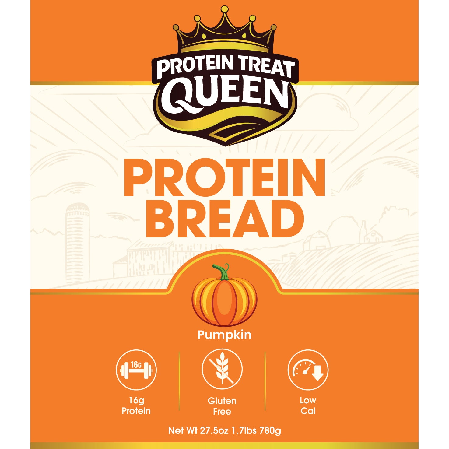 Front of a Protein Treat Queen Protein Bread package in pumpkin flavor, with orange and cream packaging, large 'PROTEIN BREAD' text, and icons for 16g protein, gluten free, and low cal.