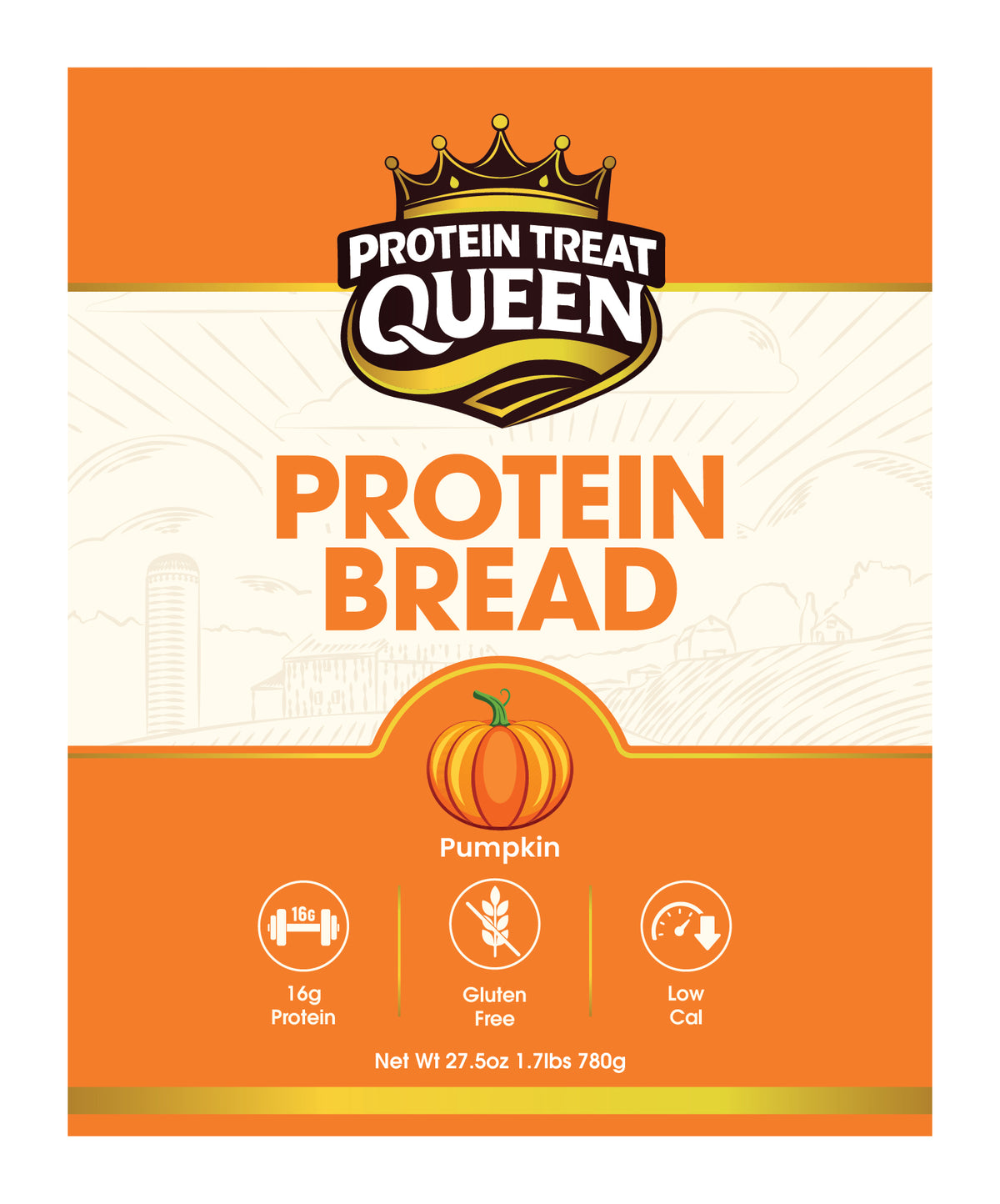 Front of a Protein Treat Queen Protein Bread package in pumpkin flavor, with orange and cream packaging, large 'PROTEIN BREAD' text, and icons for 16g protein, gluten free, and low cal.
