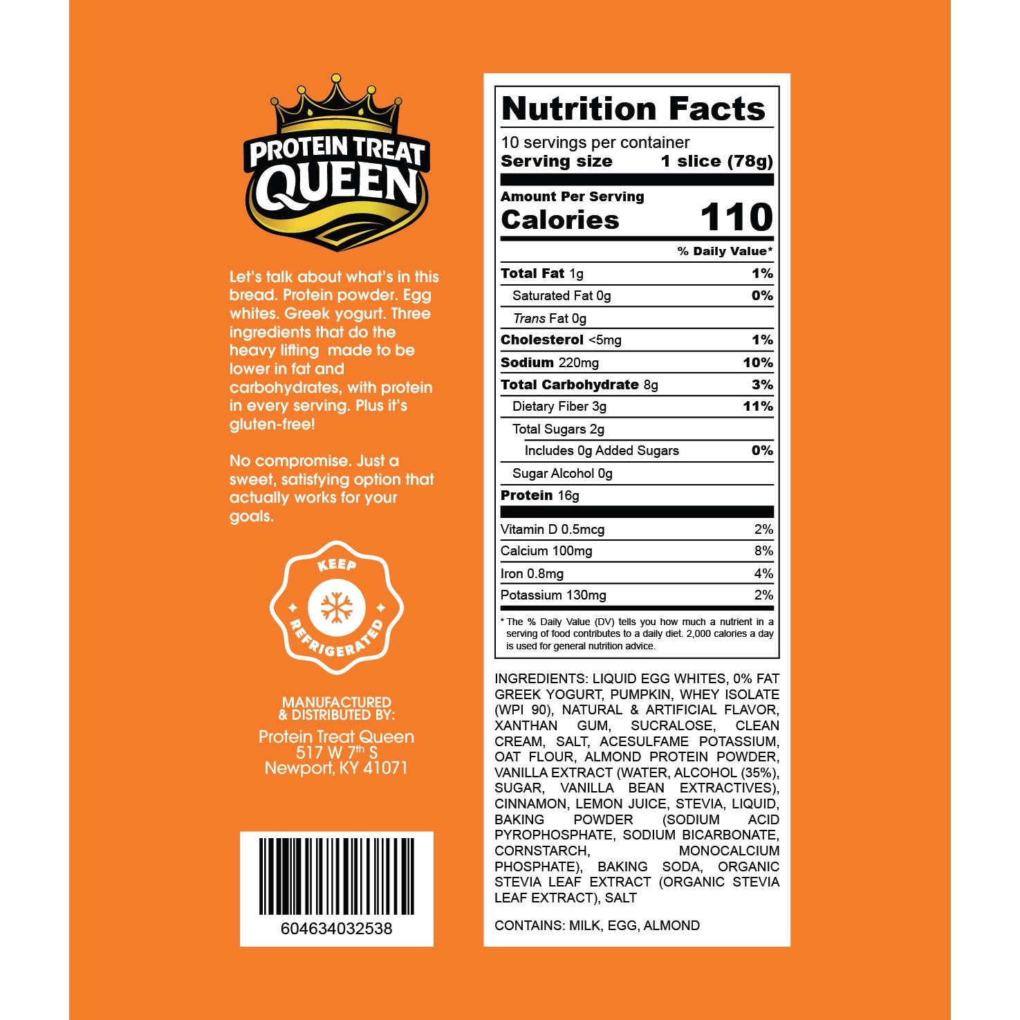 The back of an orange Protein Treat Queen yogurt tub showing the Nutrition Facts panel, product description, ingredients, and barcode.