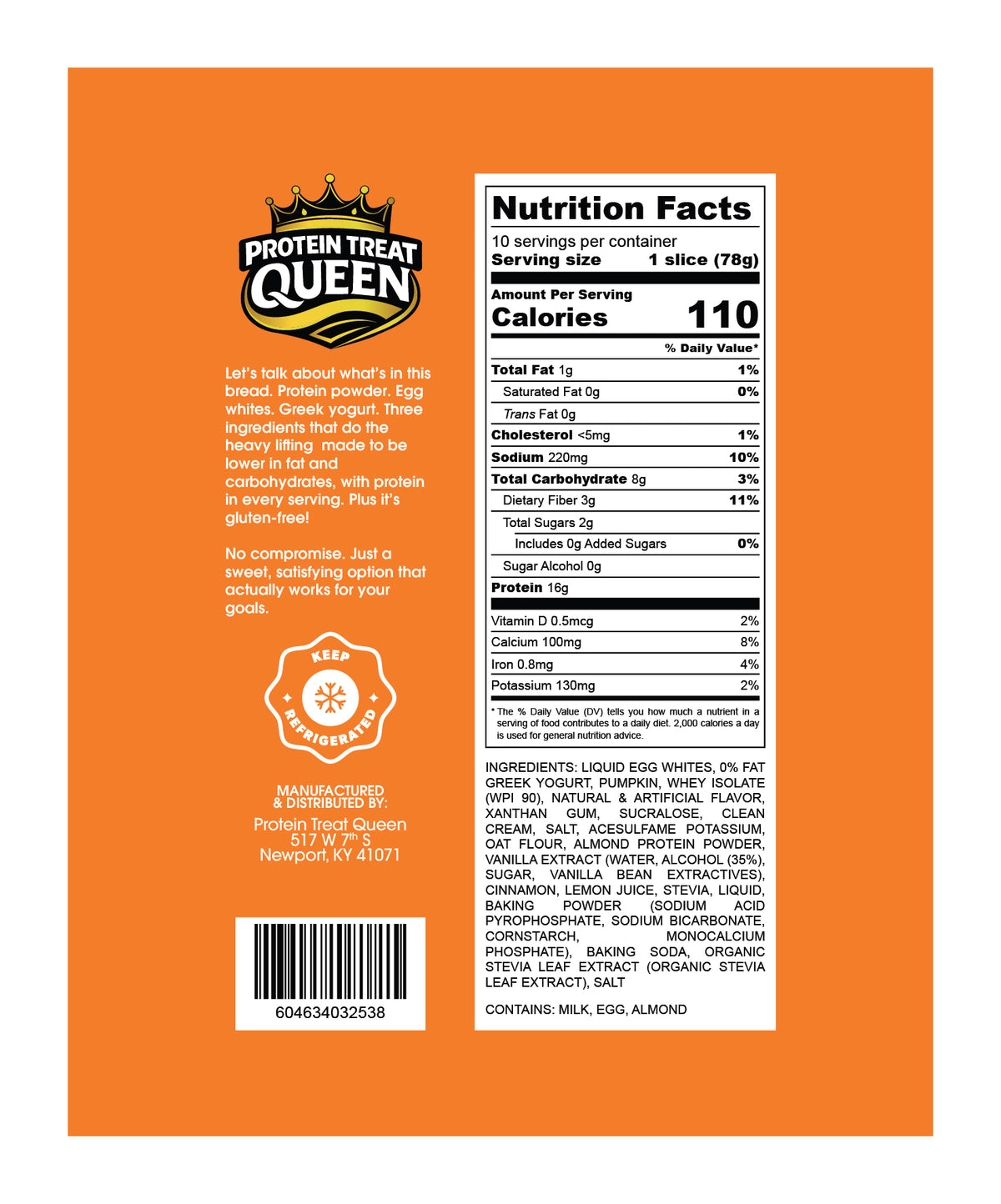 The back of an orange Protein Treat Queen yogurt tub showing the Nutrition Facts panel, product description, ingredients, and barcode.