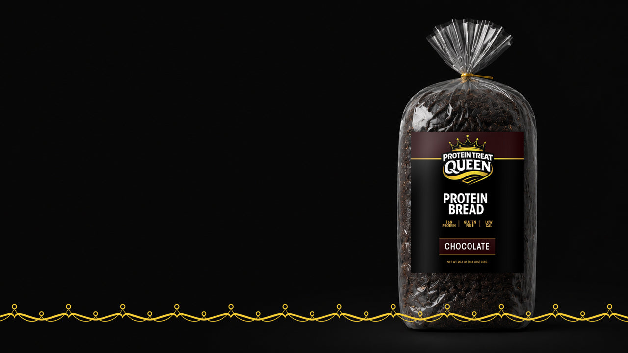 Bag of Protein Bread with a label on a black background